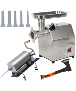 SETUL GOSPODINEI- Masina de tocat carne electrica, MK-12 850W, 150Kg/Ora + Masina umplut carnati 5.5kg, Orizontala, Inox + Topor de o mana