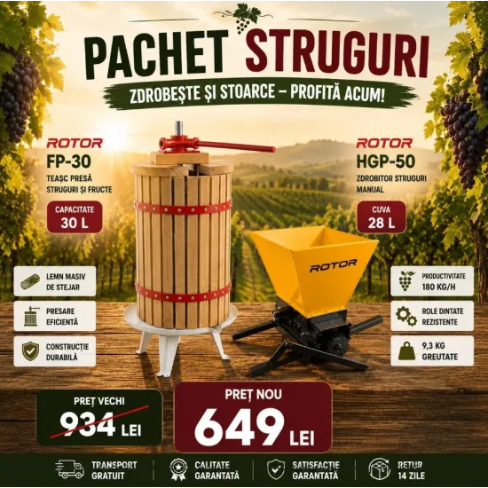 Pachet Teasc Presa Struguri si Fructe ROTOR FP-30, 30L, lemn masiv de stejar + Zdrobitor Struguri Manual ROTOR HGP-50, cuva 28L