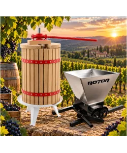 Pachet Teasc Presa Struguri si Fructe ROTOR FP-30, 30 L, lemn masiv de stejar + Zdrobitor Struguri Manual ROTOR HGP-50S, cuva 28L inox