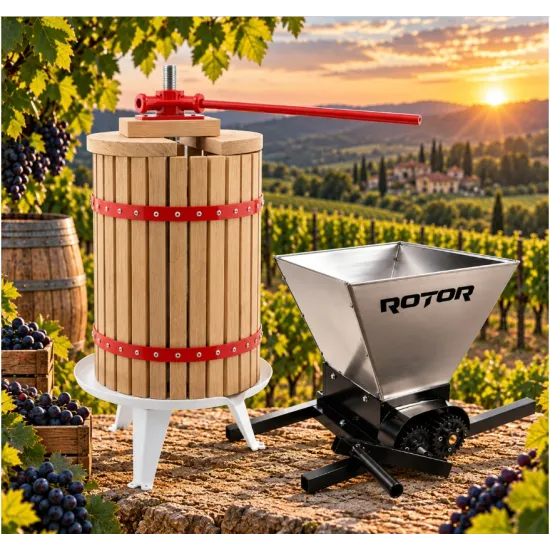 Pachet Teasc Presa Struguri si Fructe ROTOR FP-30, 30 L, lemn masiv de stejar + Zdrobitor Struguri Manual ROTOR HGP-50S, cuva 28L inox