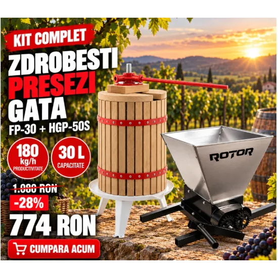 Pachet Teasc Presa Struguri si Fructe ROTOR FP-30, 30 L, lemn masiv de stejar + Zdrobitor Struguri Manual ROTOR HGP-50S, cuva 28L inox