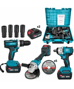 * PROMO* , Trusa 3 piese cu acumulator, German Meister , Masina de insurubat cu impact, Autofiletanta & Polizor unghiular, Model nou