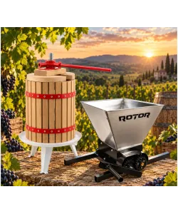 Pachet Teasc Presa Struguri si Fructe ROTOR FP-18, 18 L, lemn masiv de stejar + Zdrobitor Struguri Manual ROTOR HGP-50S, cuva 28L inox