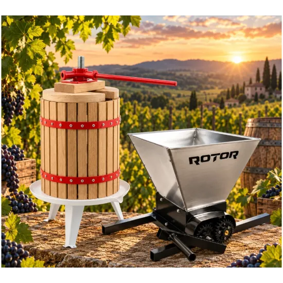 Pachet Teasc Presa Struguri si Fructe ROTOR FP-18, 18 L, lemn masiv de stejar + Zdrobitor Struguri Manual ROTOR HGP-50S, cuva 28L inox