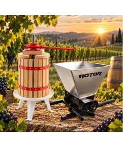 Pachet Teasc Presa Struguri si Fructe ROTOR FP-12, 12 L, lemn masiv de stejar + Zdrobitor Struguri Manual ROTOR HGP-50S, cuva 28L inox