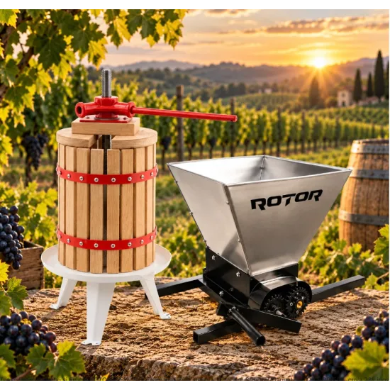 Pachet Teasc Presa Struguri si Fructe ROTOR FP-12, 12 L, lemn masiv de stejar + Zdrobitor Struguri Manual ROTOR HGP-50S, cuva 28L inox