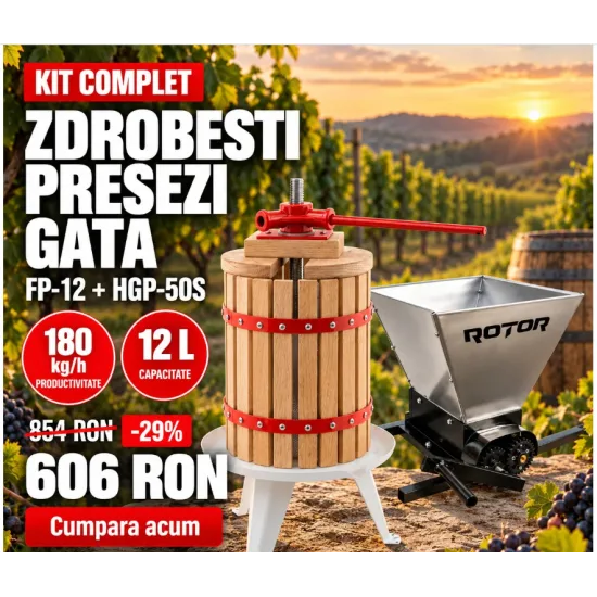 Pachet Teasc Presa Struguri si Fructe ROTOR FP-12, 12 L, lemn masiv de stejar + Zdrobitor Struguri Manual ROTOR HGP-50S, cuva 28L inox