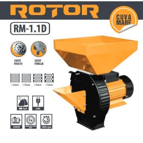 Moara electrica pentru macinat cereale Rotor RM-1.1D, 3.9KW, 3000RPM, Bobinaj cupru, 4 site incluse