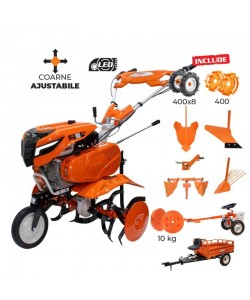 Motosapa RURIS 7500 ACC6 + roti cauciuc 4.00-8+rarita ajustabila+plug+adaptor+dispozitiv cartofi+cultivator multifunctional+accesoriu tractat+roti metalice 400 fara manicot+remorca RURIS 550S+set contragreutati 10kg 7CP