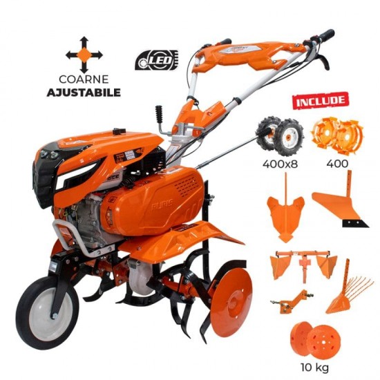 Motosapa RURIS 7500 ACC5 + roti cauciuc 4.00-8+rarita ajustabila+plug+adaptor+dispozitiv cartofi+cultivator multifunctional+roti metalice 400 fara manicot+set contragreutati 10kg 7 CP