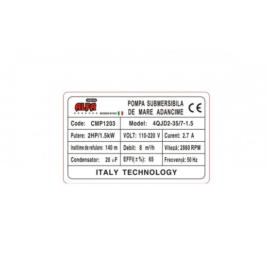 Pompa submersibila de mare adancime ALFA ITALY 100mm 1500W 8 m³/h 7 turbine 30m cablu(surub inox)