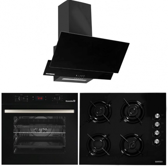 Pachet incorporabil HAUSBERG cuptor electric HB-8054NG, Clasa A, 71L, 2225W, sticla termoizolant, termostat, timer, 7 functii, ventilatie, Plita HB-563, Gaz, 4 arzatoare, Sticla, Hota decorativa HB-1805NG, 60 cm, 450m3/h, Filtru aluminiu, Negru