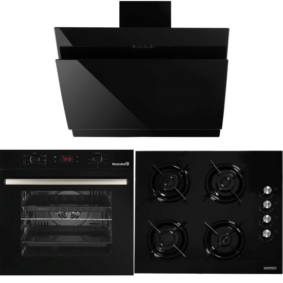 Pachet Incorporabil Cuptor electric Hausberg HB-8054, Clasa A, 71L, 2225W, Negru, Plita Incorporabila HB-563NG, 4 arzatoare, Gaz, Sticla, Negru, Hota Incorporabila decorativa HB-1385, Putere de absorbtie 650 mc/h, 60 cm, Touch control