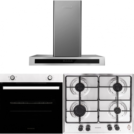 Pachet Cuptor Incorporabil Hausberg HB-8051IN, Electric, 76 l, 4 Functii, Clasa A + Plita Incorporabila Hausberg HB-555, 4 arzatoare, Gaz, Inox + Hota incorporabila decorativa Hausberg HB-1380, 450 m3/h, 1 motor, Touch control, LED, Filtru aluminiu
