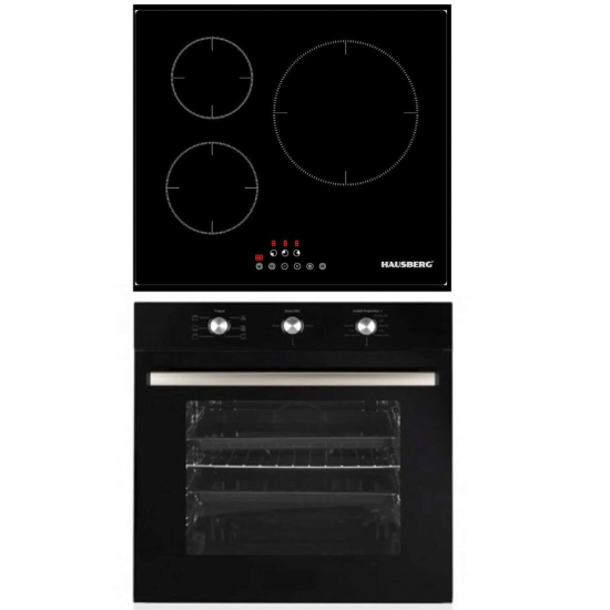 Pachet incorporabil Cuptor Hausberg HB-8053NG, Electric, Putere 2225 W, 71 l, 6 Functii, Ventilatie, Timer, Clasa A, Plita incorporabila Hausberg HB1530, Electrica, Inductie, 3 zone de gatit, PowerBoost, 60 cm, Negru
