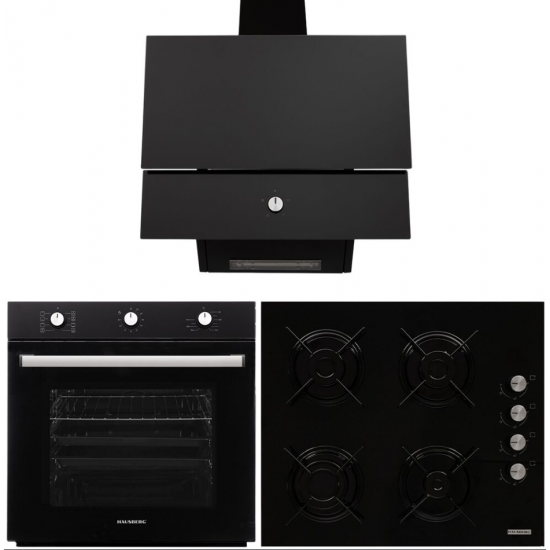 Pachet incorporabil Hausberg Cuptor HB-8053NG, Electric, Putere 2225 W, 71 l, 6 Functii, Ventilatie, Timer, Plita HB-563NG, 4 arzatoare gaz, Hota decorative HB-2285NG, 163W, Filtru aluminiu, 650 m3/h, 60cm, Negru
