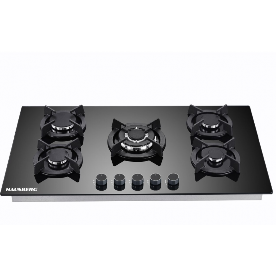 Plita incorporabila HAUSBERG HB-569NG, 4 arzatoare standard + 1 arzator WOK, gaz, suport din fonta, aprindere electrica, Negru