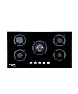 Plita incorporabila HAUSBERG HB-569NG, 4 arzatoare standard + 1 arzator WOK, gaz, suport din fonta, aprindere electrica, Negru