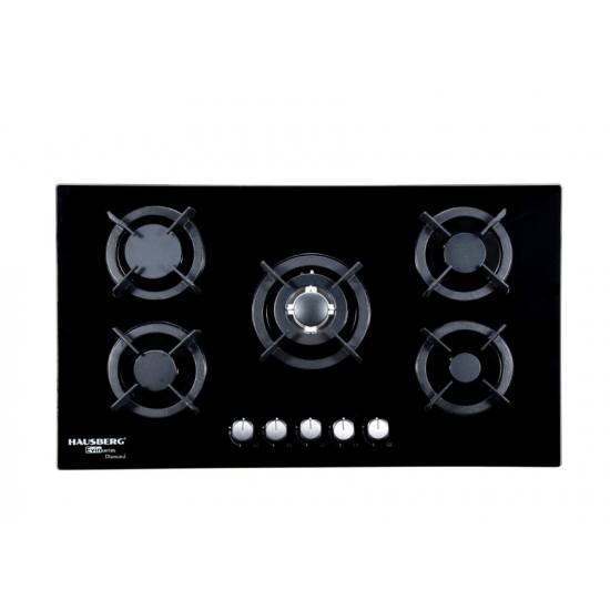 Plita incorporabila HAUSBERG HB-569NG, 4 arzatoare standard + 1 arzator WOK, gaz, suport din fonta, aprindere electrica, Negru