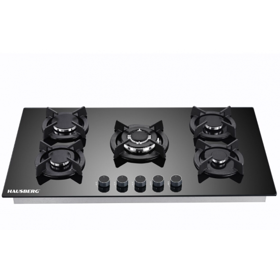 Plita incorporabila HAUSBERG HB-569NG, 4 arzatoare standard + 1 arzator WOK, gaz, suport din fonta, aprindere electrica, Negru
