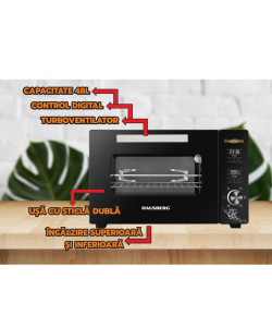 Cuptor electric digital cu rotisor si ventilator HAUSBERG HB-9260, 1800W, Turbo, Capacitate 48L, Control temperatura 230 grade Celsius, Lumina interior, Negru