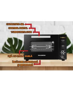 Cuptor electric digital cu rotisor si ventilator HAUSBERG HB-9260, 1800W, Turbo, Capacitate 48L, Control temperatura 230 grade Celsius, Lumina interior, Negru Cuptor electric digital cu rotisor si ventilator HAUSBERG HB-9260, 1800W, Turbo, Capacitate 48L, Control temperatura 230 grade Celsius, Lumina interior, Negru
