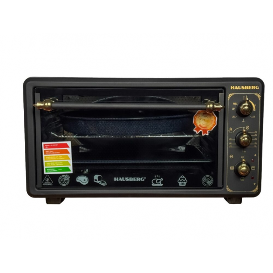 Cuptor electric Rustic HAUSBERG HB-8001RST, 1400W, 48l, Timer mecanic, Termostat reglabil, 4 nivele de inaltime a tavii, usa din sticla rezistenta la temperature ridicate, panou mecanic, Negru-Auriu