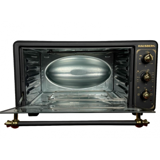 Cuptor electric Rustic HAUSBERG HB-8001RST, 1400W, 48l, Timer mecanic, Termostat reglabil, 4 nivele de inaltime a tavii, usa din sticla rezistenta la temperature ridicate, panou mecanic, Negru-Auriu