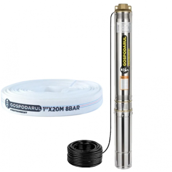 Pompa submersibila apa curata Gospodarul Profesionist 4QJD-1100, 8 turbine POM- 1100W, cablu 25m, 6000 l/h + furtun 20m