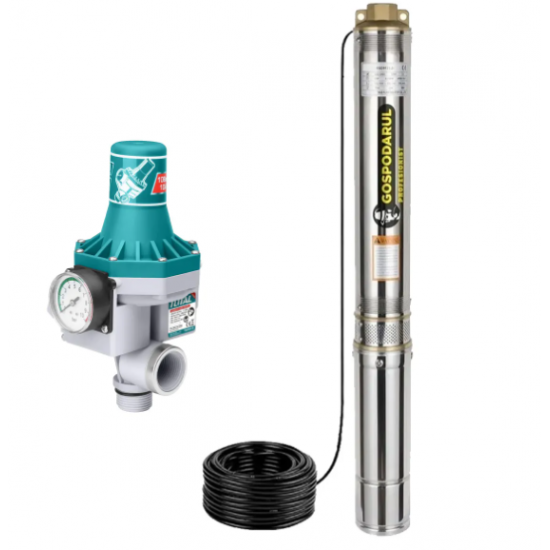 Pompa submersibila apa curata Gospodarul Profesionist 4QJD-1100, 8 turbine POM- 1100W, cablu 25m, 6000 l/h + Presostat Total