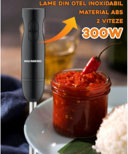 Blender de mana HAUSBERG HB-7674NG, 300W, 2 viteze, material ABS, lame din otel inoxidabil, Negru