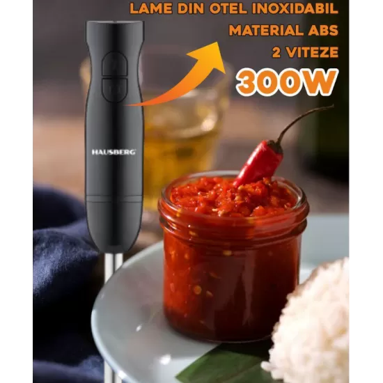 Blender de mana HAUSBERG HB-7674NG, 300W, 2 viteze, material ABS, lame din otel inoxidabil, Negru Blender de mana HAUSBERG HB-7674NG, 300W, 2 viteze, material ABS, lame din otel inoxidabil, Negru
