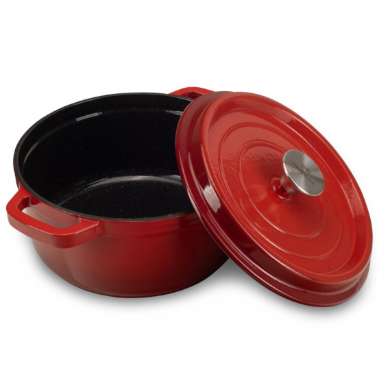 Oala din fonta emailata cu capac HAUSBERG HB-H746, capacitate 5L, diametru 26 cm, adancime 12 cm, interior antiaderent, Rosu