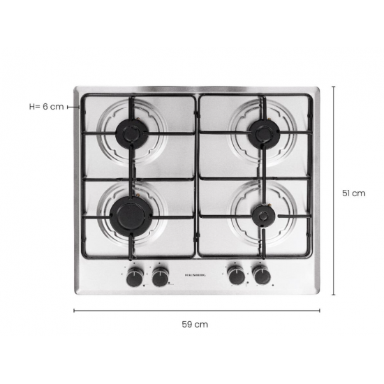 Plita incorporabila Hausberg HB 555, Gaz, 4 arzatoare, Sistem siguranta, Inox