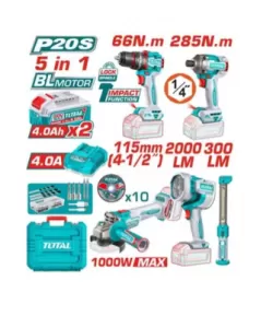 TOTAL - KIT COMBO 20V - MASINA DE GAURIT CU IMPACT, MASINA DE INSURUBAT CU IMPACT, POLIZOR UNGHIULAR