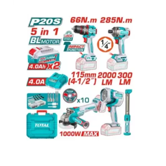 TOTAL - KIT COMBO 20V - MASINA DE GAURIT CU IMPACT, MASINA DE INSURUBAT CU IMPACT, POLIZOR UNGHIULAR