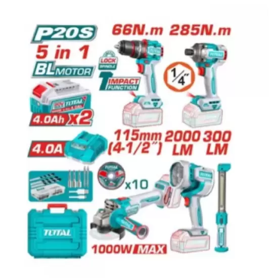 TOTAL - KIT COMBO 20V - CIOCAN ROTOPERCUTOR, MASINA DE GAURIT CU IMPACT, MASINA DE INSURUBAT (INCLUD
