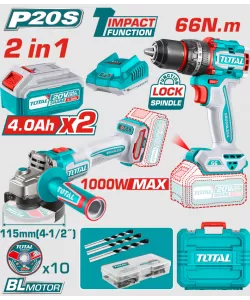 TOTAL - KIT COMBO - 20V - 4.0Ah- MASINA DE GAURIT CU IMPACT, POLIZOR UNGHIULAR (INCLUDE 2 ACUMULATOR