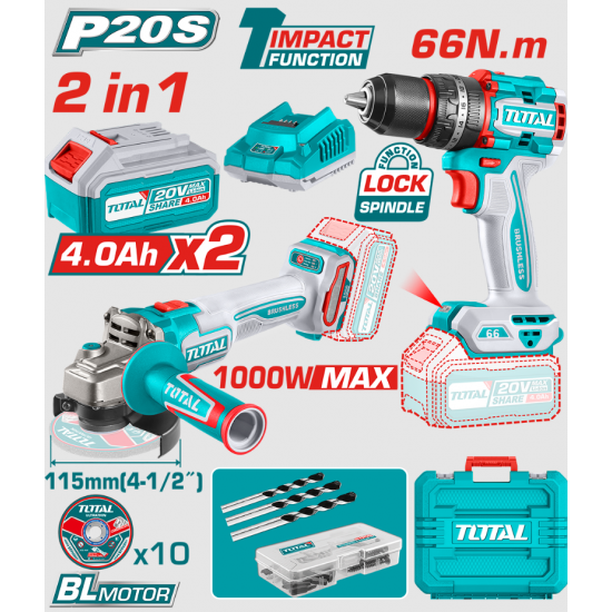 TOTAL - KIT COMBO - 20V - 4.0Ah- MASINA DE GAURIT CU IMPACT, POLIZOR UNGHIULAR (INCLUDE 2 ACUMULATOR