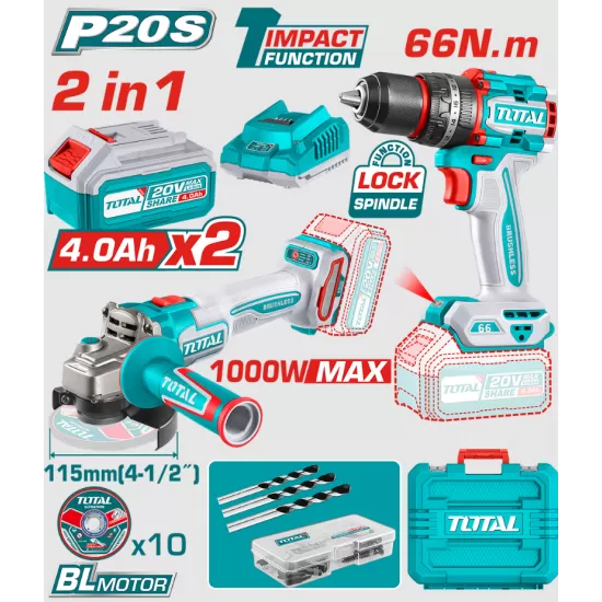 TOTAL - KIT COMBO - 20V - 4.0Ah- MASINA DE GAURIT CU IMPACT, POLIZOR UNGHIULAR (INCLUDE 2 ACUMULATOR