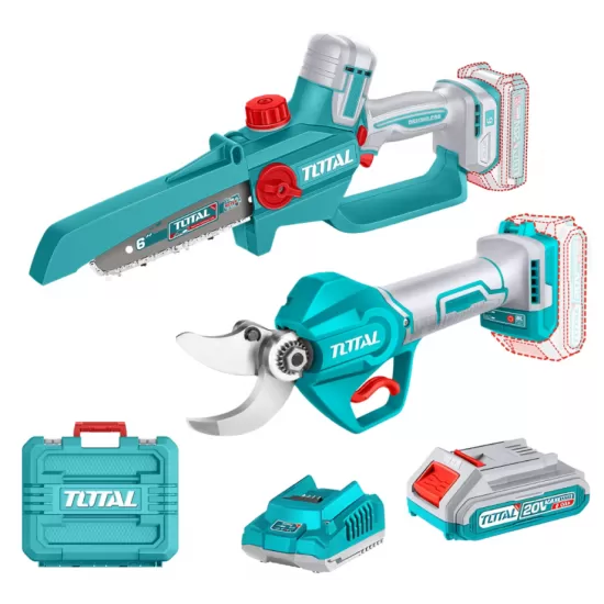 TOTAL - KIT COMBO 20V - FOARFECA DE CRENGI, MINI DRUJBA (INCLUDE 2 ACUMULATORI , 1 INCARCATOR)