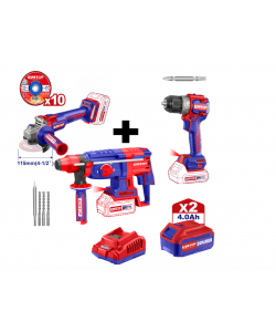 Pachet Polizor unghiular, motor fara perii (brushless), 115mm, 10 discuri incluse + Ciocan rotopercutor + Masina de gaurit si insurubat + 2 acumulatori 4.0Ah