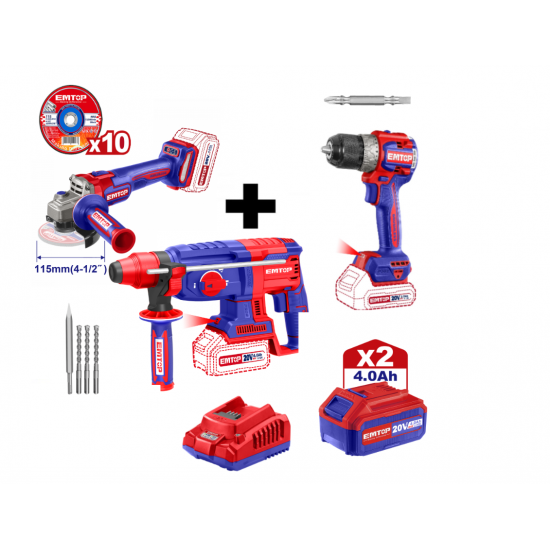 Pachet Polizor unghiular, motor fara perii (brushless), 115mm, 10 discuri incluse + Ciocan rotopercutor + Masina de gaurit si insurubat + 2 acumulatori 4.0Ah