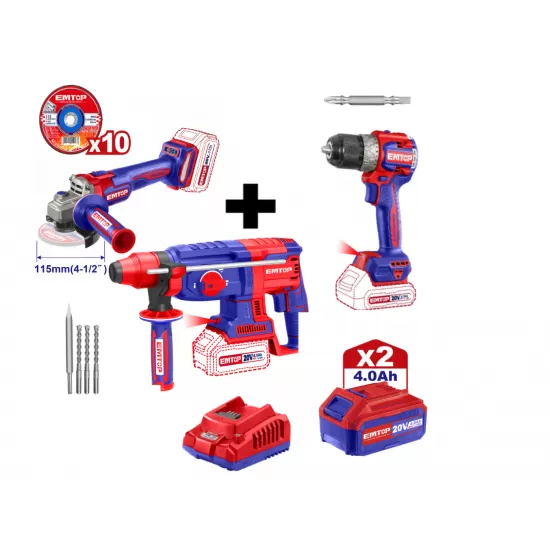 Pachet Polizor unghiular, motor fara perii (brushless), 115mm, 10 discuri incluse + Ciocan rotopercutor + Masina de gaurit si insurubat + 2 acumulatori 4.0Ah