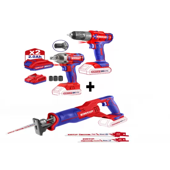 Pachet Fierastrau tip sabie + Set 2 buc. bormasina de insurubat si impact + 2 acumulatori 2.0AH + incarcator
