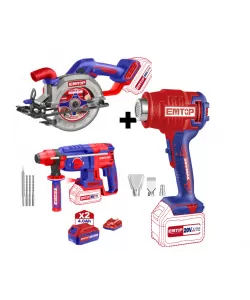 Pachet Fierastrau circular+ Suflanta aer cald (feon) + Ciocan rotopercutor, 26mm, 4 accesorii + 2 acumulatori 4.0AH