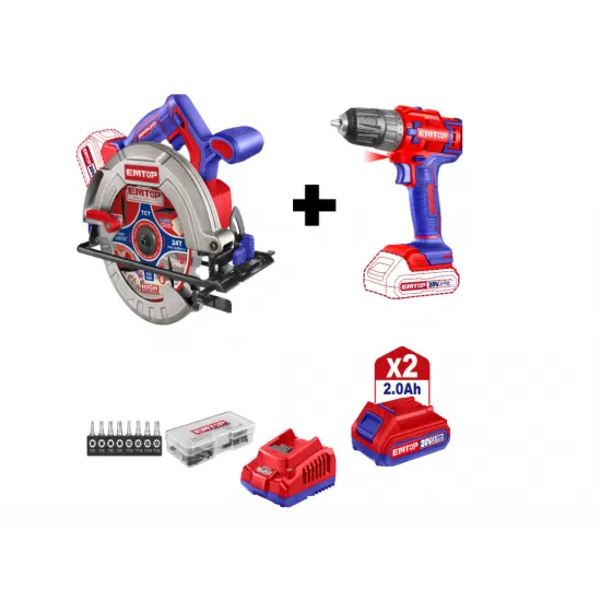 Pachet Fierastrau circular, unghi taiere reglabil, 185mm + Masina de gaurit si insurubat + 2 acumulatori 2.0AH + incarcator