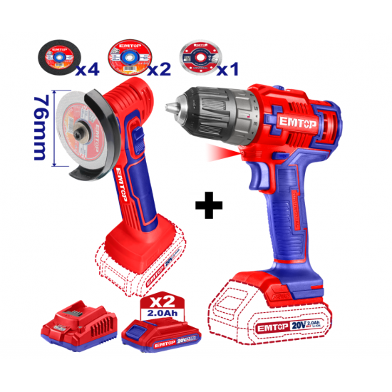 Pachet  Mini polizor unghiular, 76mm, 7 discuri incluse + Masina de gaurit si insurubat + 2 acumulatori 2.0AH