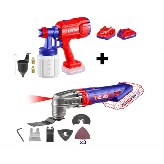 Pachet Instrument multifunctional, 6 viteze, 8 accesorii + Pistol de vopsit cu 800ml + 2 Acumulatori cu incarcator