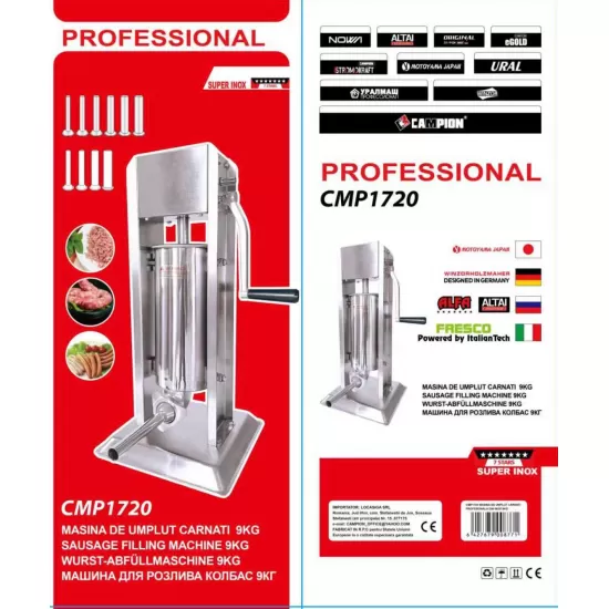 Masina profesionala de umplut carnati din in inox 9kg +10 palnii Campion
